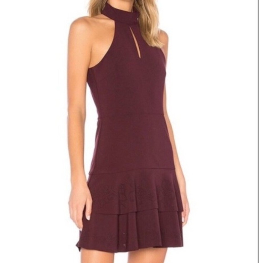 Parker Luana Women's 10 Mini Dress Sleeveless Laser Cut Design Tiered Burgundy E